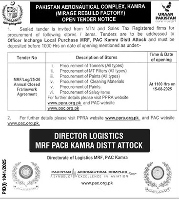 Pakistan Aeronautical Complex Kamra Tender Notice